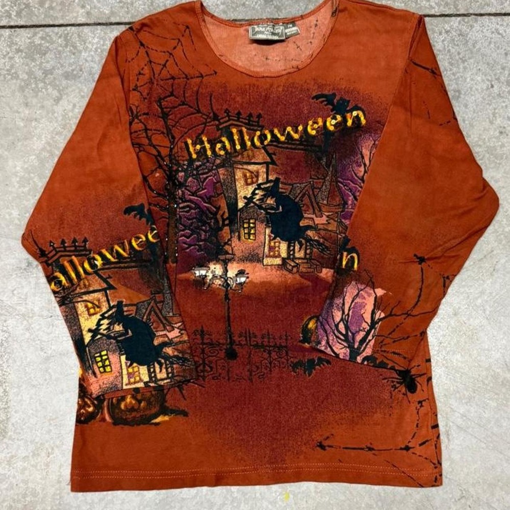 Y2K Retro Halloween Spooky Haunted House Witch Long Sleeve Tee Rust Sz Medium